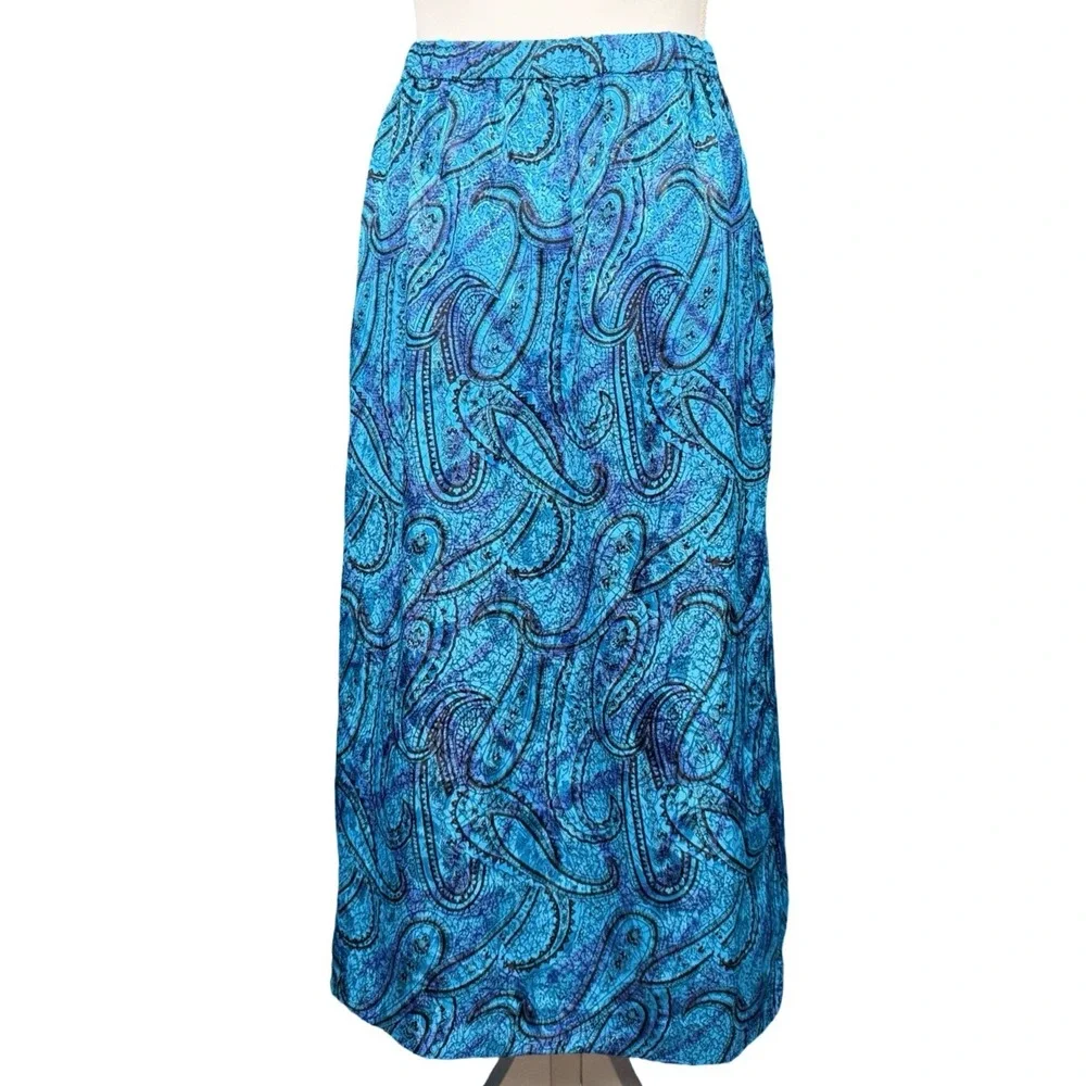Vintage Blue Paisley Midi Skirt Women's Size‎ 6 Pockets Boho Secretary
